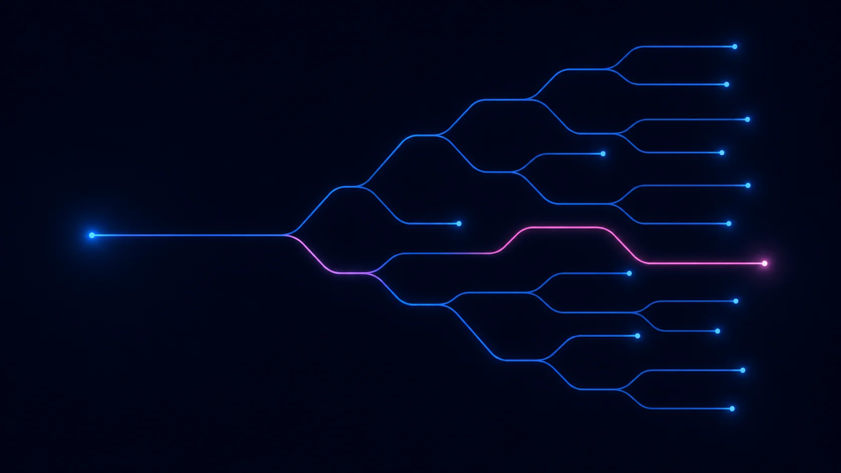 Glowing blue lines branching from a single point into many separate paths, with one path picked out in magenta.