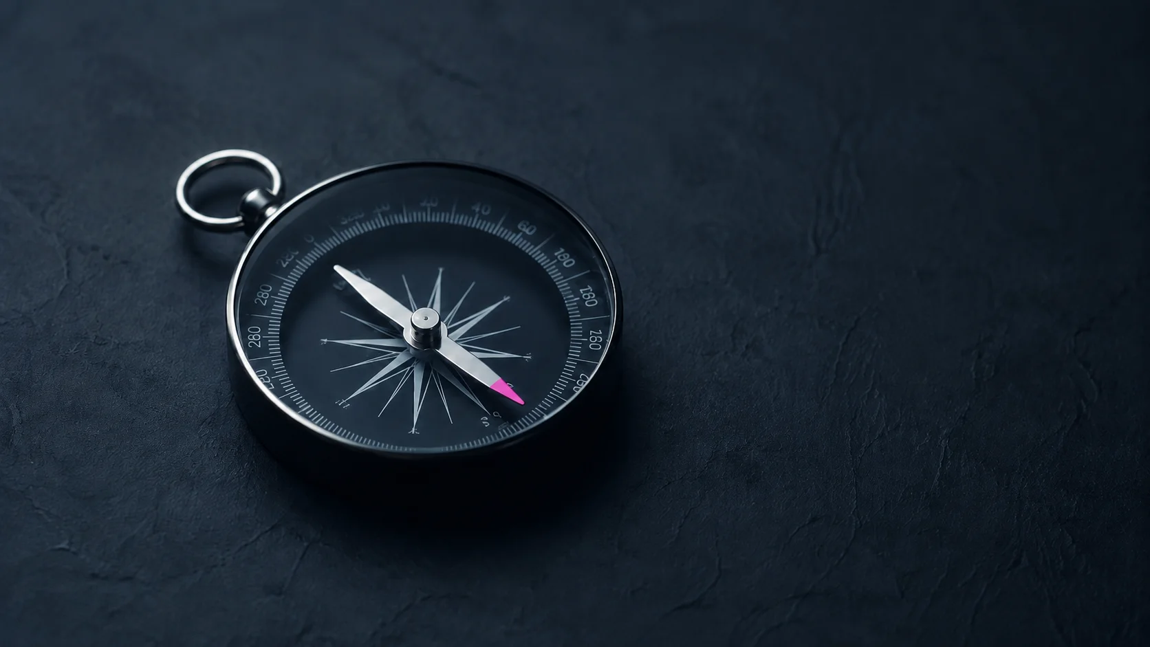 A black compass with a magenta-tipped needle resting on a dark slate surface.