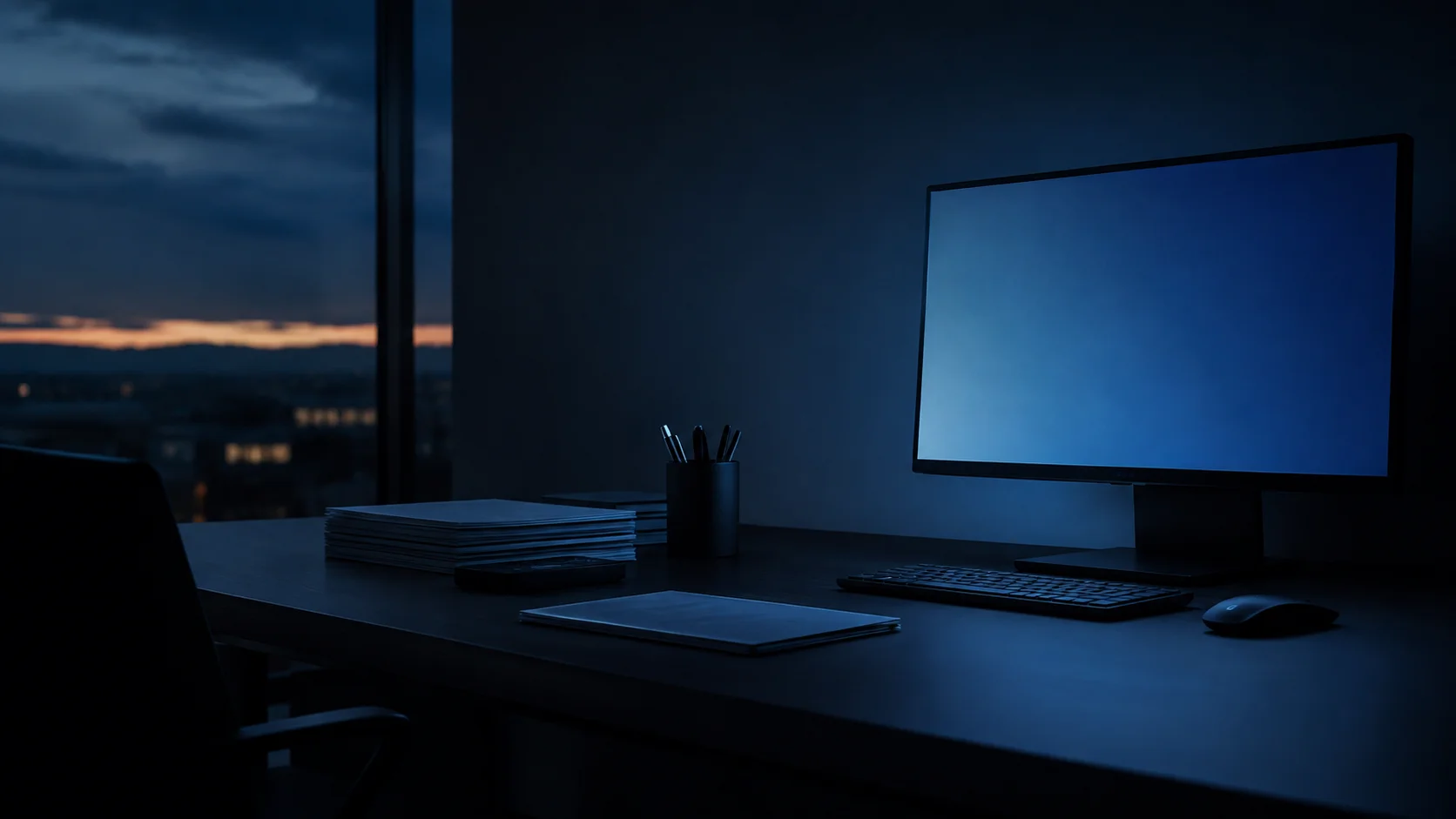 A quiet office desk at dusk, lit mainly by the blue glow of a monitor, with a neat stack of paper beside the keyboard and a city skyline through the window.